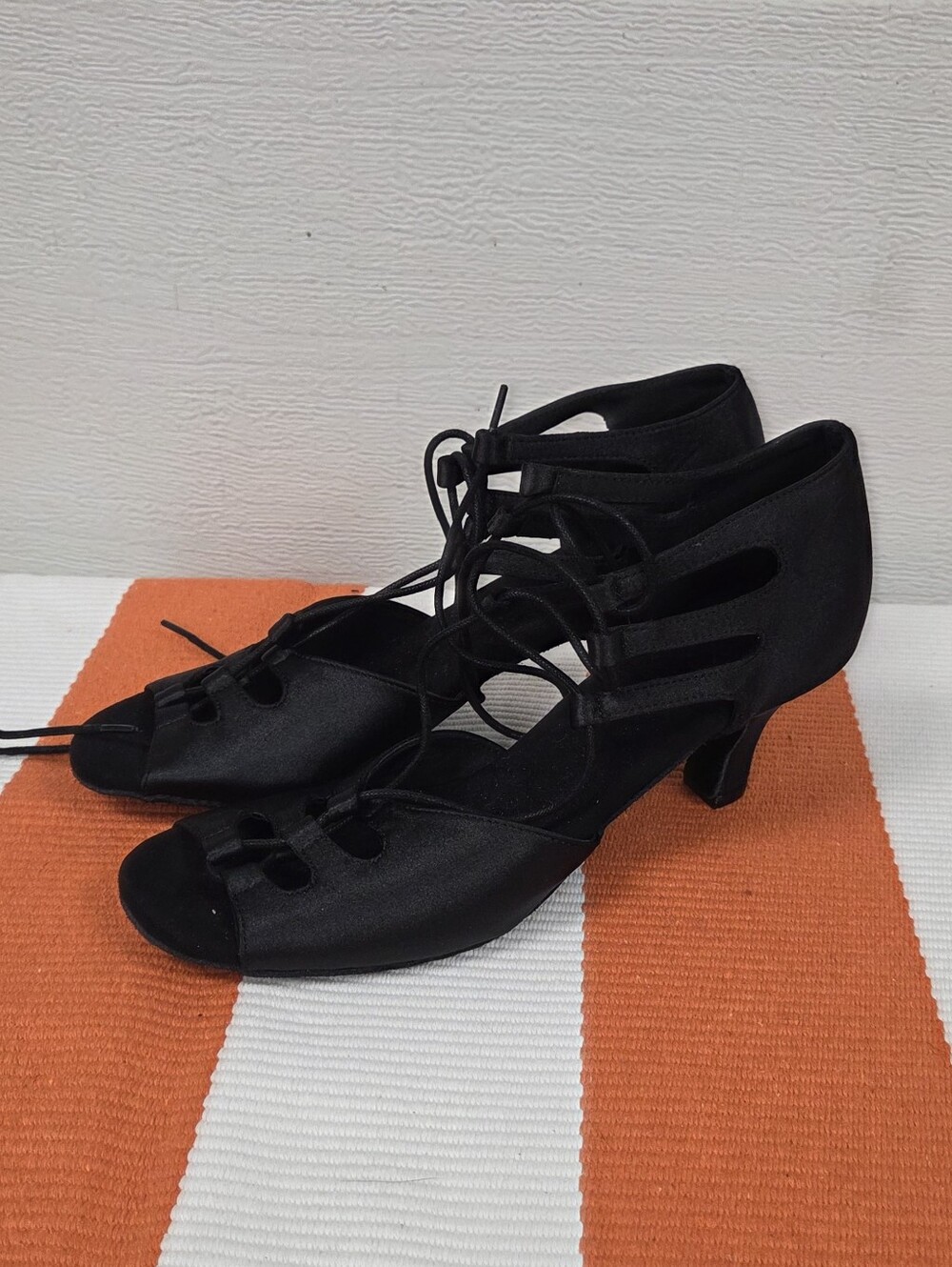 Ballroom Salsa Black Satin Lace-Up Dance Heels 9 - Picture 2 of 12
